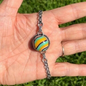 Rainbow Jasper Dome Silver Chain Bracelet NWT